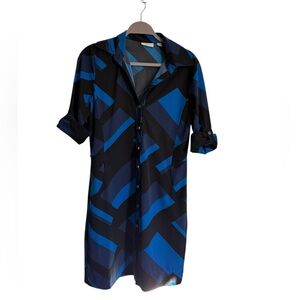 New York & Company Blue and Black Notched Collar Shirt Dress
